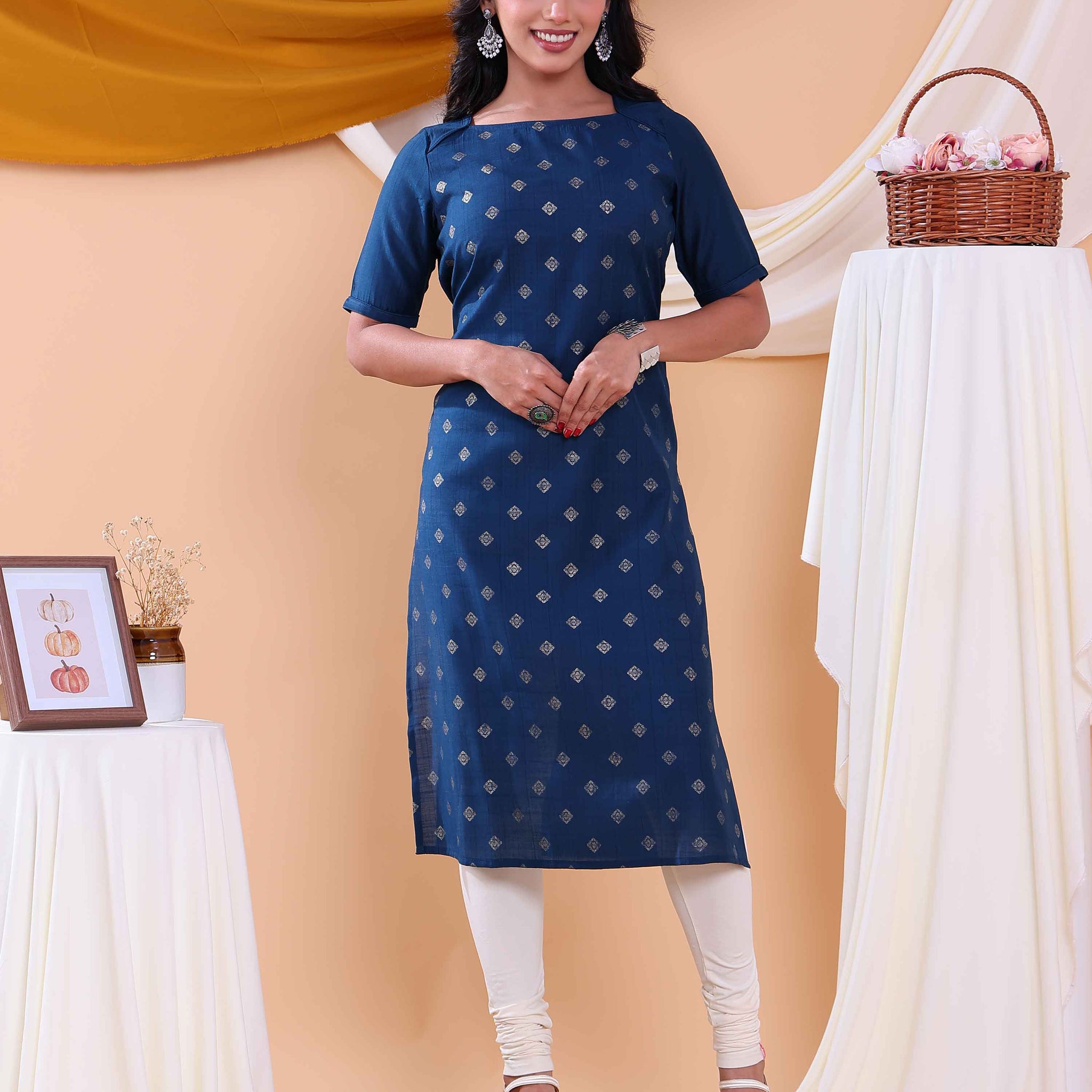 Stylish Printed Women’s Straight Kurta with Round Neck and Elbow Sleeves - Blue