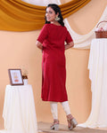 Stylish Printed Women’s Straight Kurta with Round Neck and Elbow Sleeves - Red-BACK