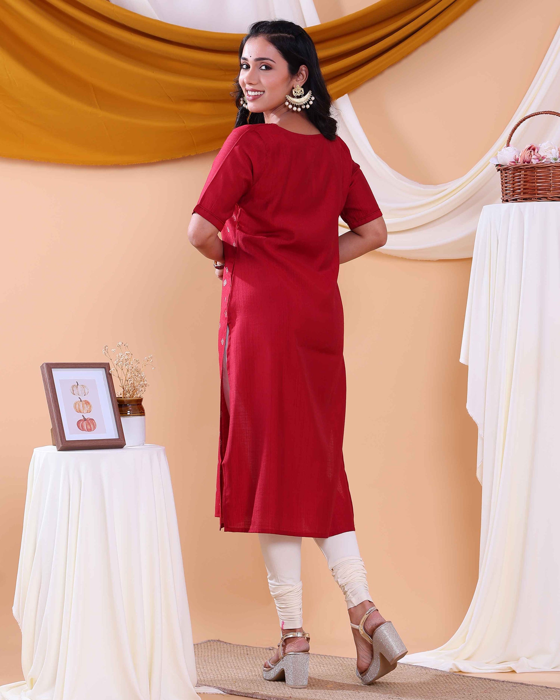 Stylish Printed Women’s Straight Kurta with Round Neck and Elbow Sleeves - Red-BACK