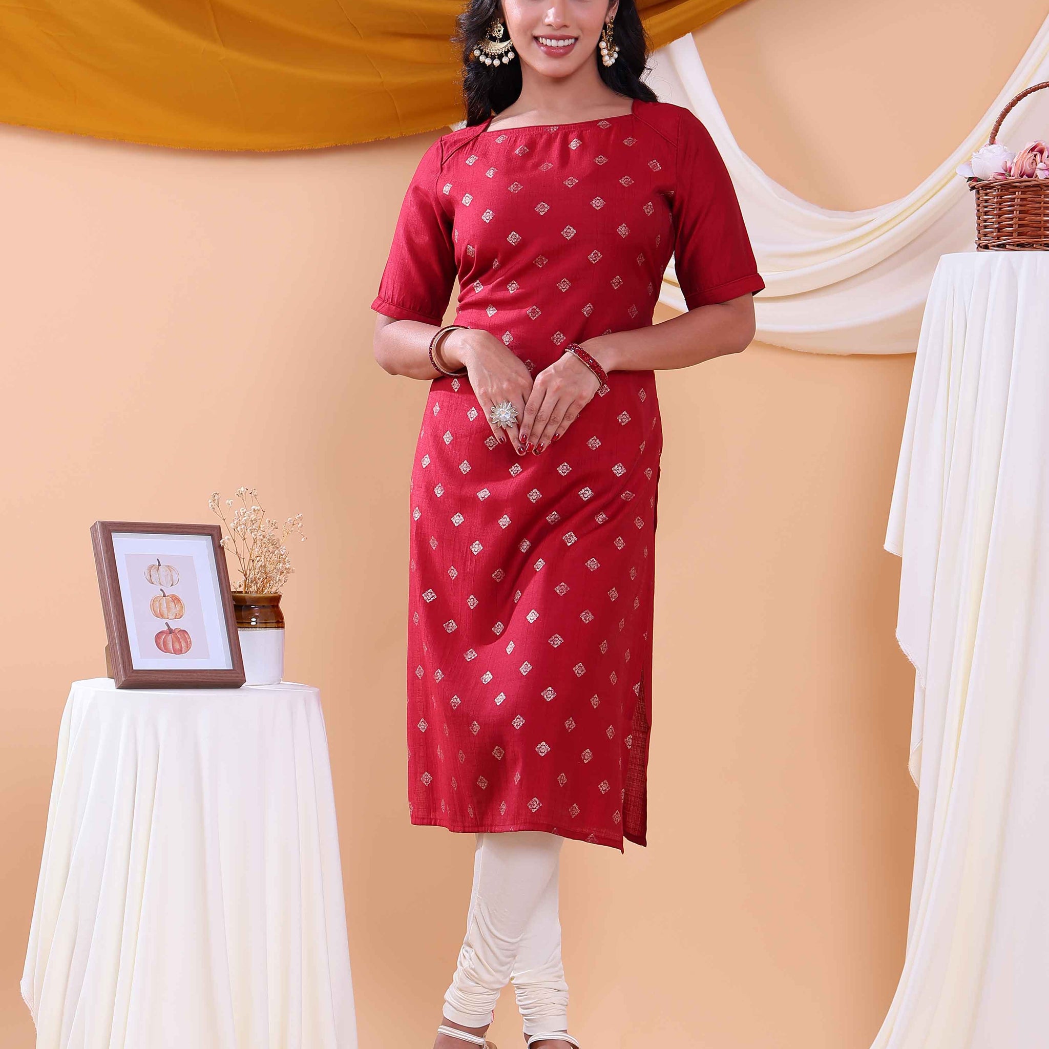 Stylish Printed Women’s Straight Kurta with Round Neck and Elbow Sleeves - Red