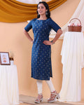 Stylish Printed Women’s Straight Kurta with Round Neck and Elbow Sleeves - Blue-