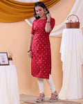 Stylish Printed Women’s Straight Kurta with Round Neck and Elbow Sleeves - Red-