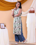 Women's Stylish Sleeveless Floral Printed Kurti with Collared Neck and Side Slits - White-Side