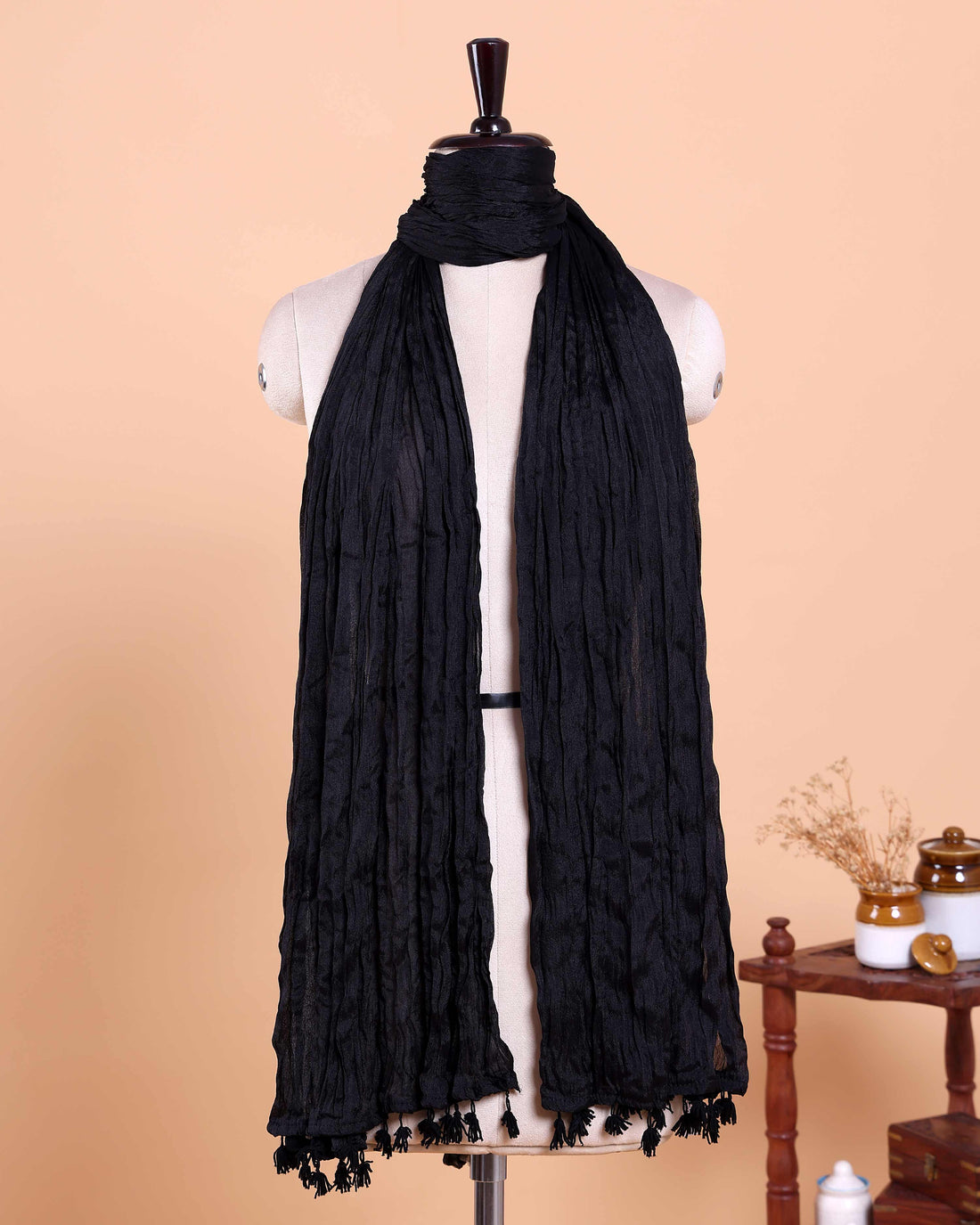 Stylish Women’s Dupatta in Soft Textured with Wrinkled Finish and Decorative Tassel Edges - Black
