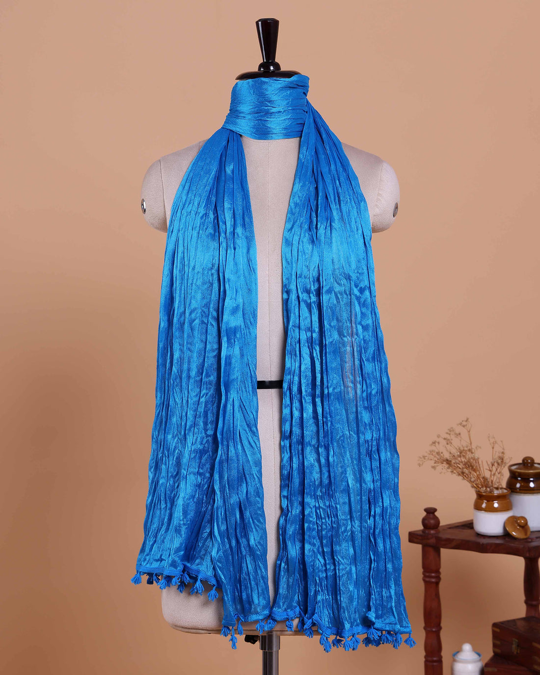 Stylish Women’s Dupatta in Soft Textured with Wrinkled Finish and Decorative Tassel Edges - Blue