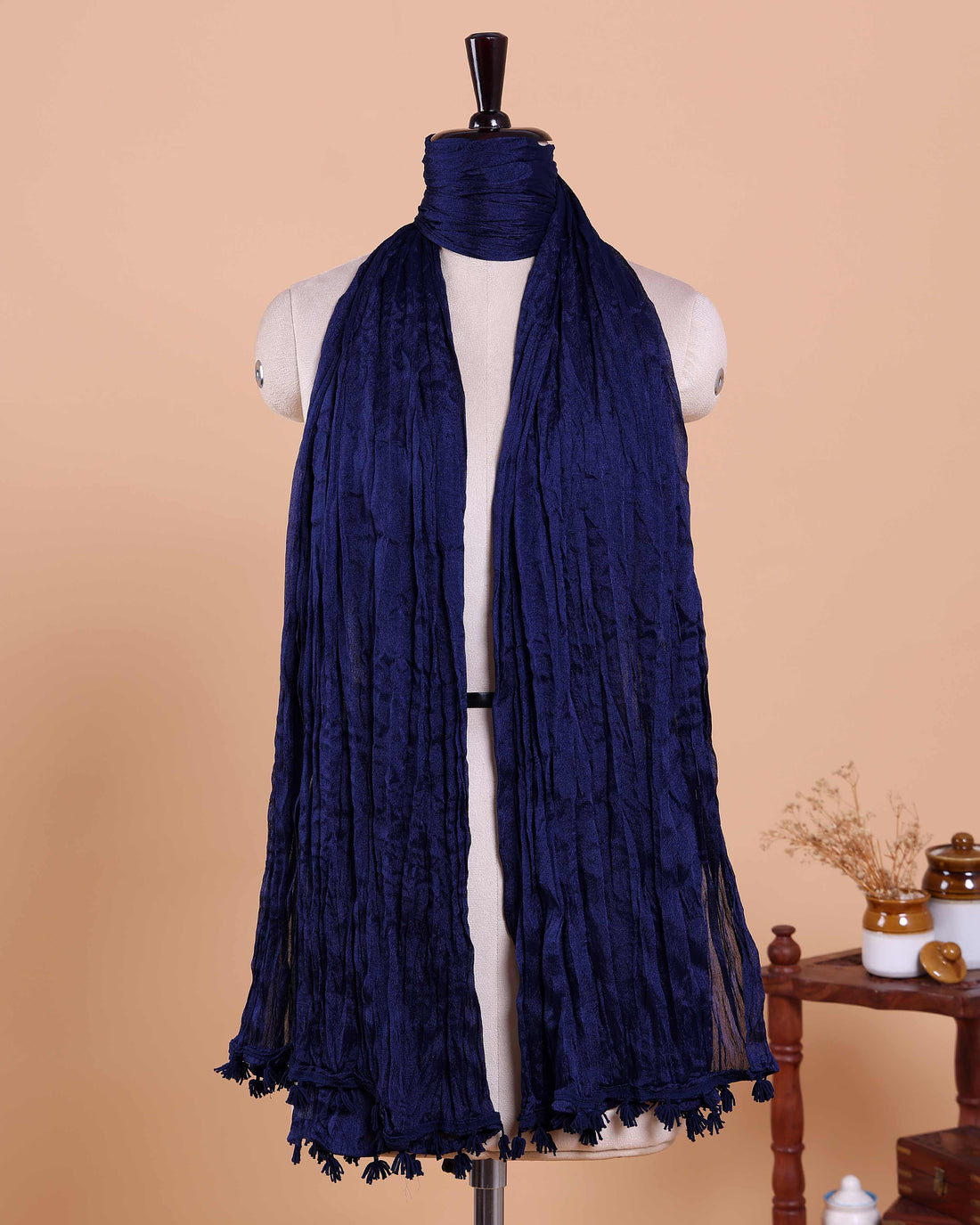 Stylish Women’s Dupatta in Soft Textured with Wrinkled Finish and Decorative Tassel Edges - Dark Blue