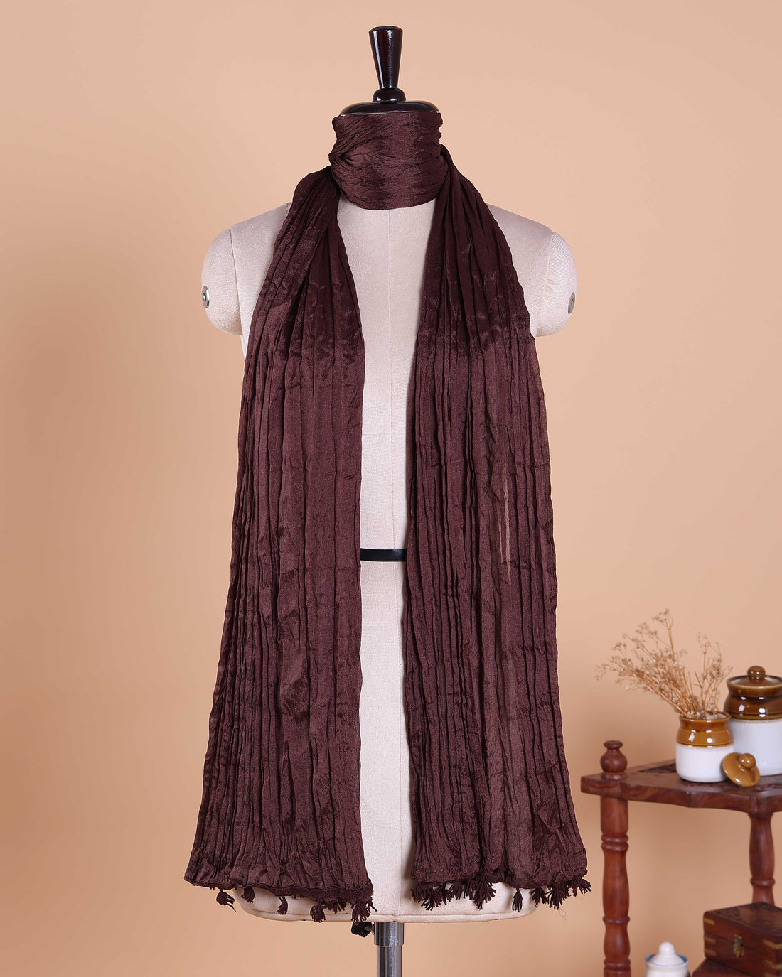 Stylish Women’s Dupatta in Soft Textured with Wrinkled Finish and Decorative Tassel Edges - Dark Brown
