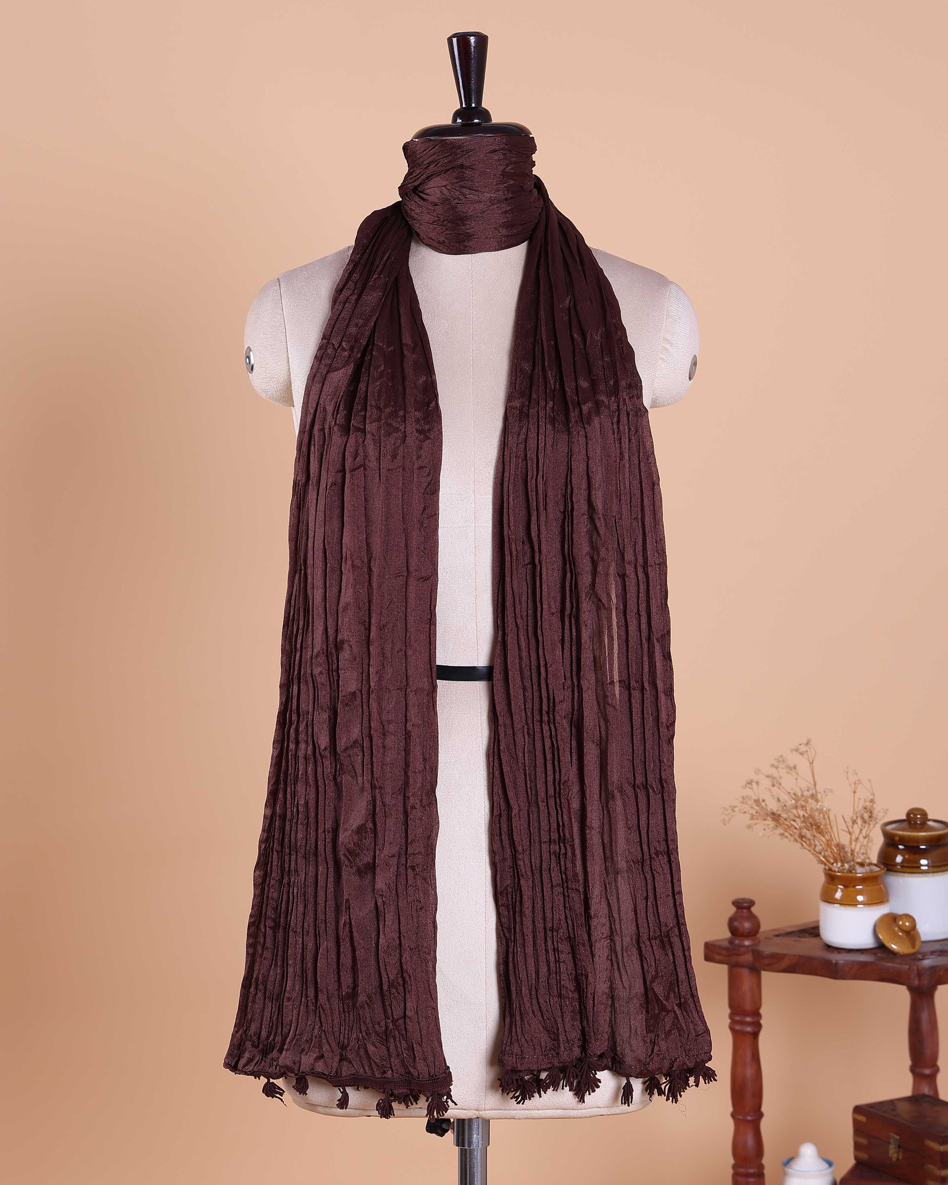 Elegant Women’s Dupatta in Soft Textured with Wrinkled Finish and Decorative Tassel Edges, Brown