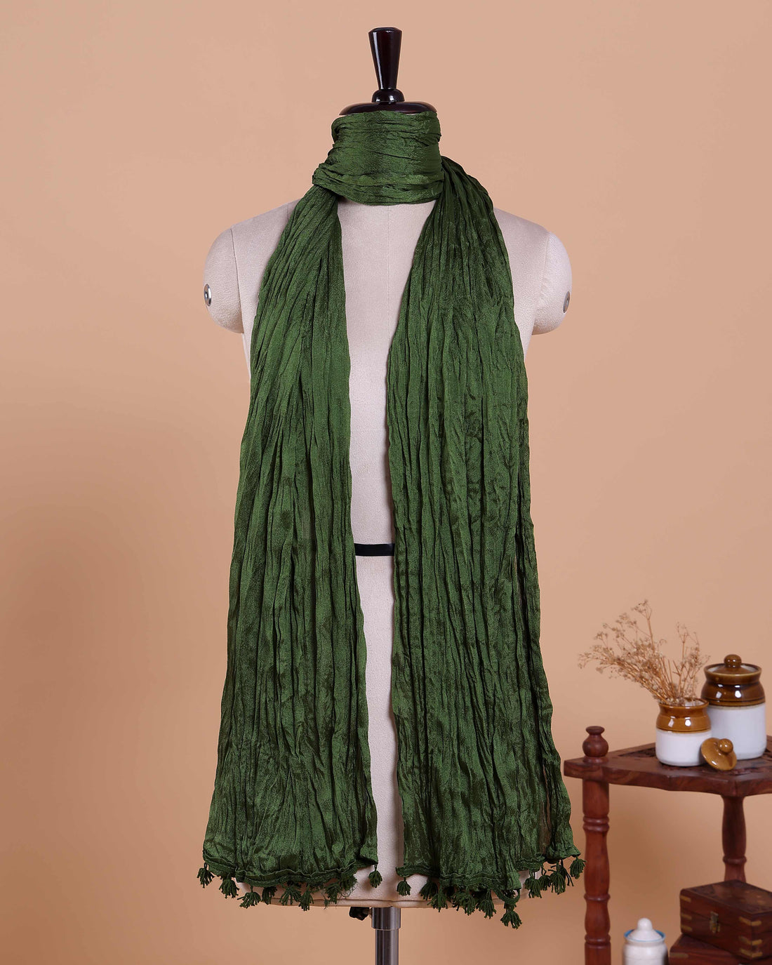 Stylish Women’s Dupatta in Soft Textured with Wrinkled Finish and Decorative Tassel Edges - Green