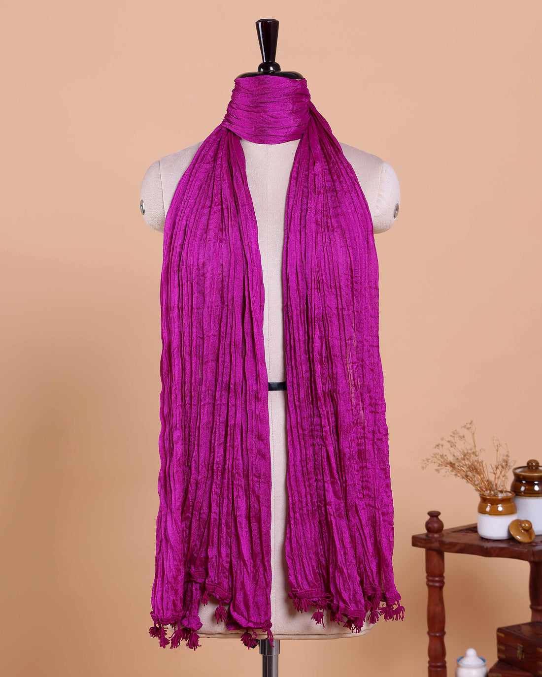 Stylish Women’s Dupatta in Soft Textured with Wrinkled Finish and Decorative Tassel Edges - Magenta