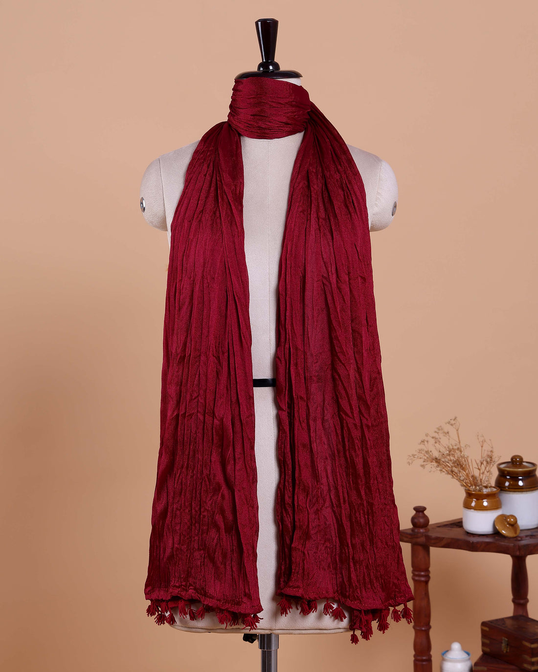 Stylish Women’s Dupatta in Soft Textured with Wrinkled Finish and Decorative Tassel Edges - Maroon