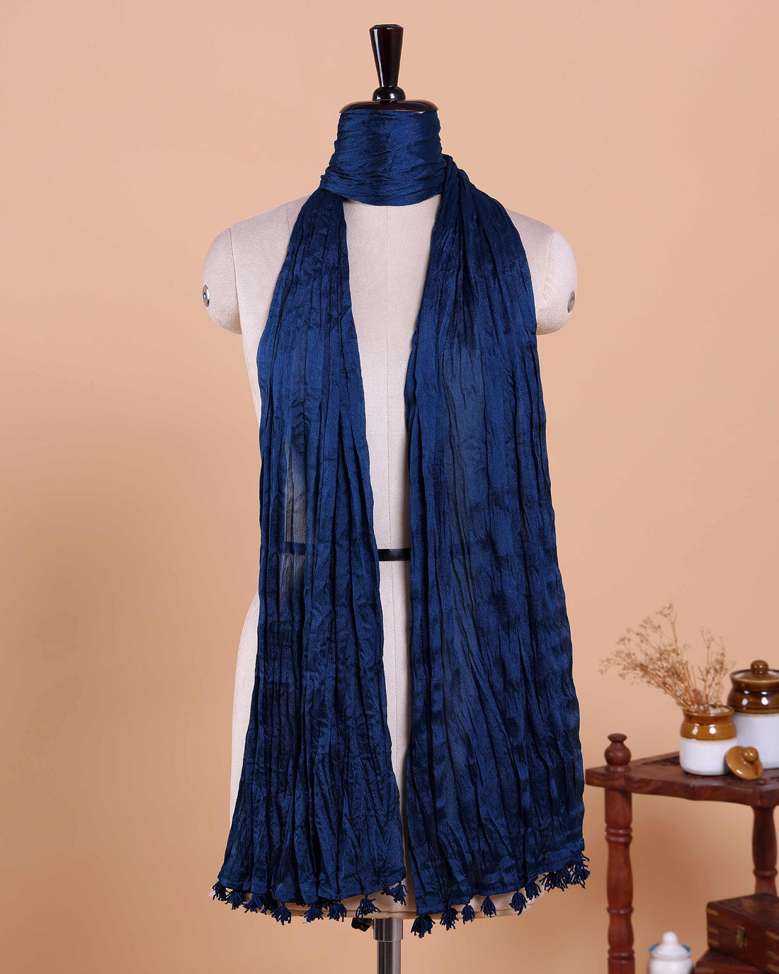 Stylish Women’s Dupatta in Soft Textured with Wrinkled Finish and Decorative Tassel Edges - Navy Blue