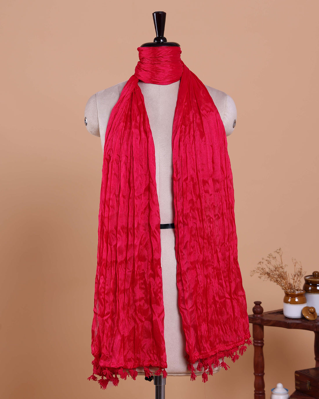 Stylish Women’s Dupatta in Soft Textured with Wrinkled Finish and Decorative Tassel Edges - Red