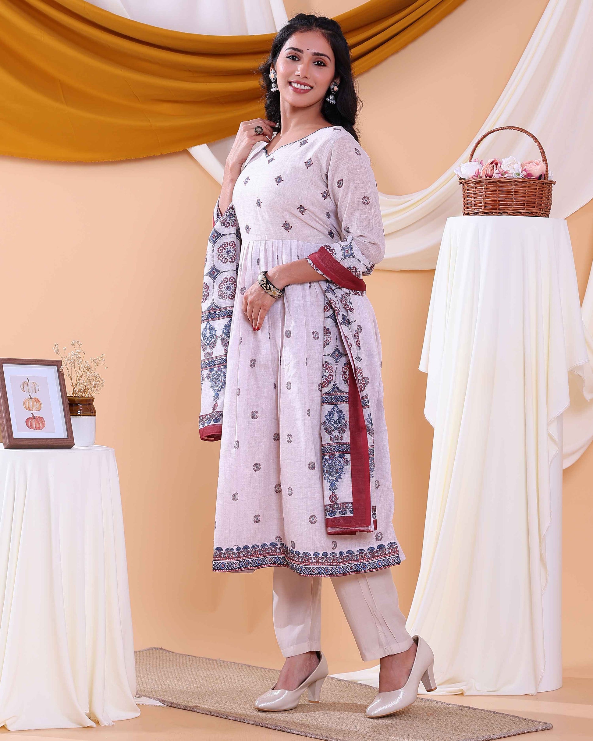 Stylish Women's Geometric Printed Anarkali Kurta Set with Dupatta - Sandal