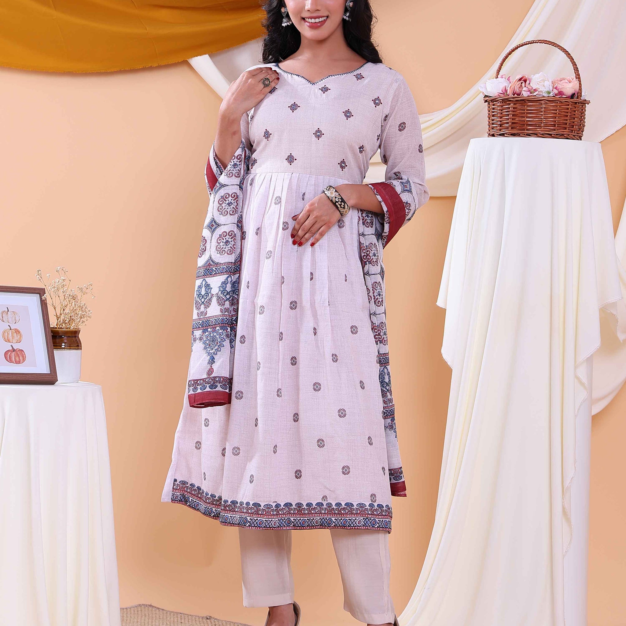 Stylish Women's Geometric Printed Anarkali Kurta Set with Dupatta - Sandal