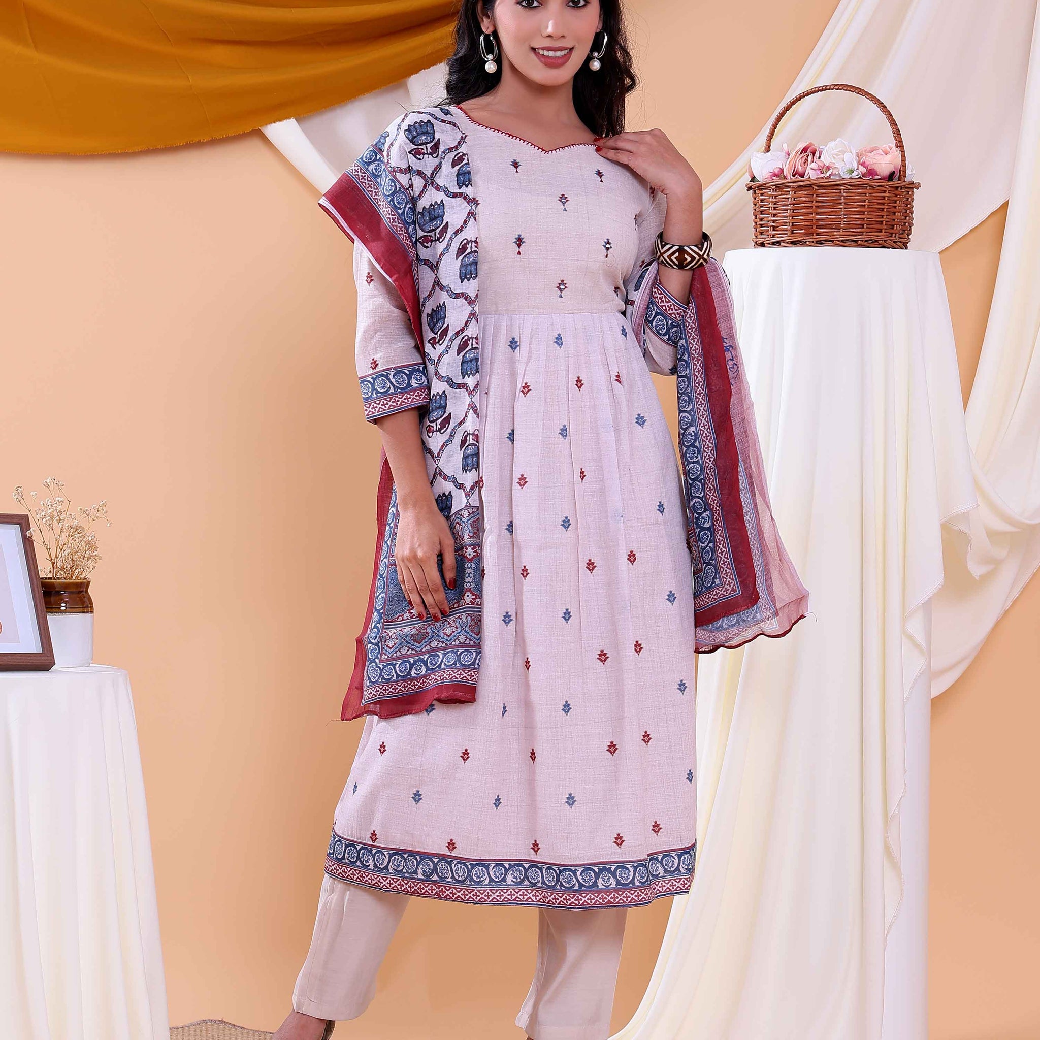 Stylish Women's Printed Anarkali Kurta Set with Dupatta - Beige