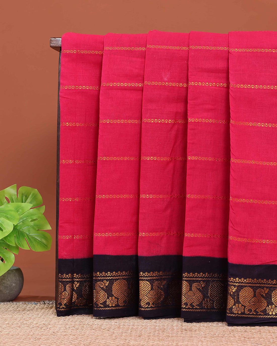 Elegant Sungudi Cotton Saree with Striped Body and Rich Zari Border  - Pink