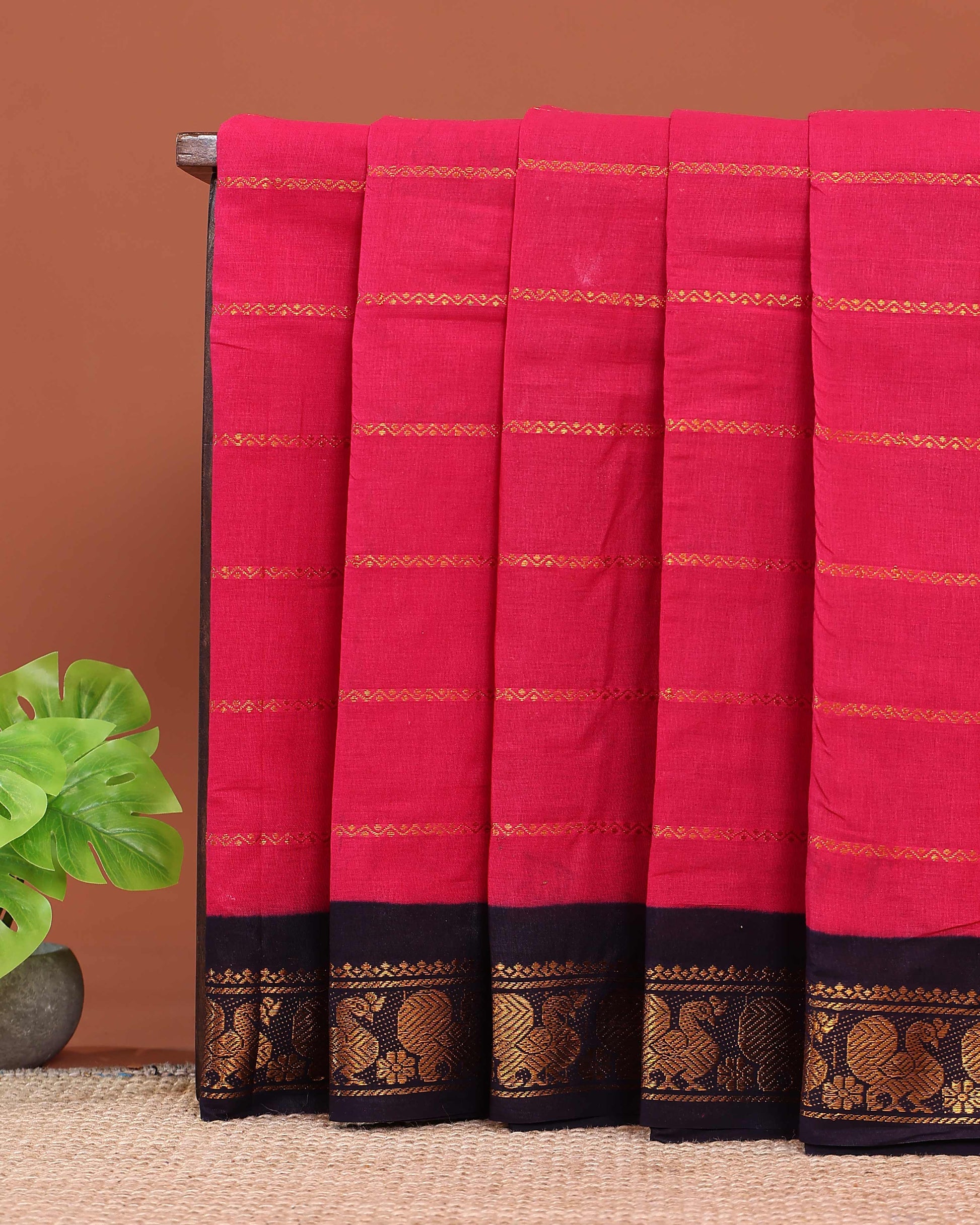 Elegant Sungudi Cotton Saree with Striped Body and Rich Zari Border  - Pink