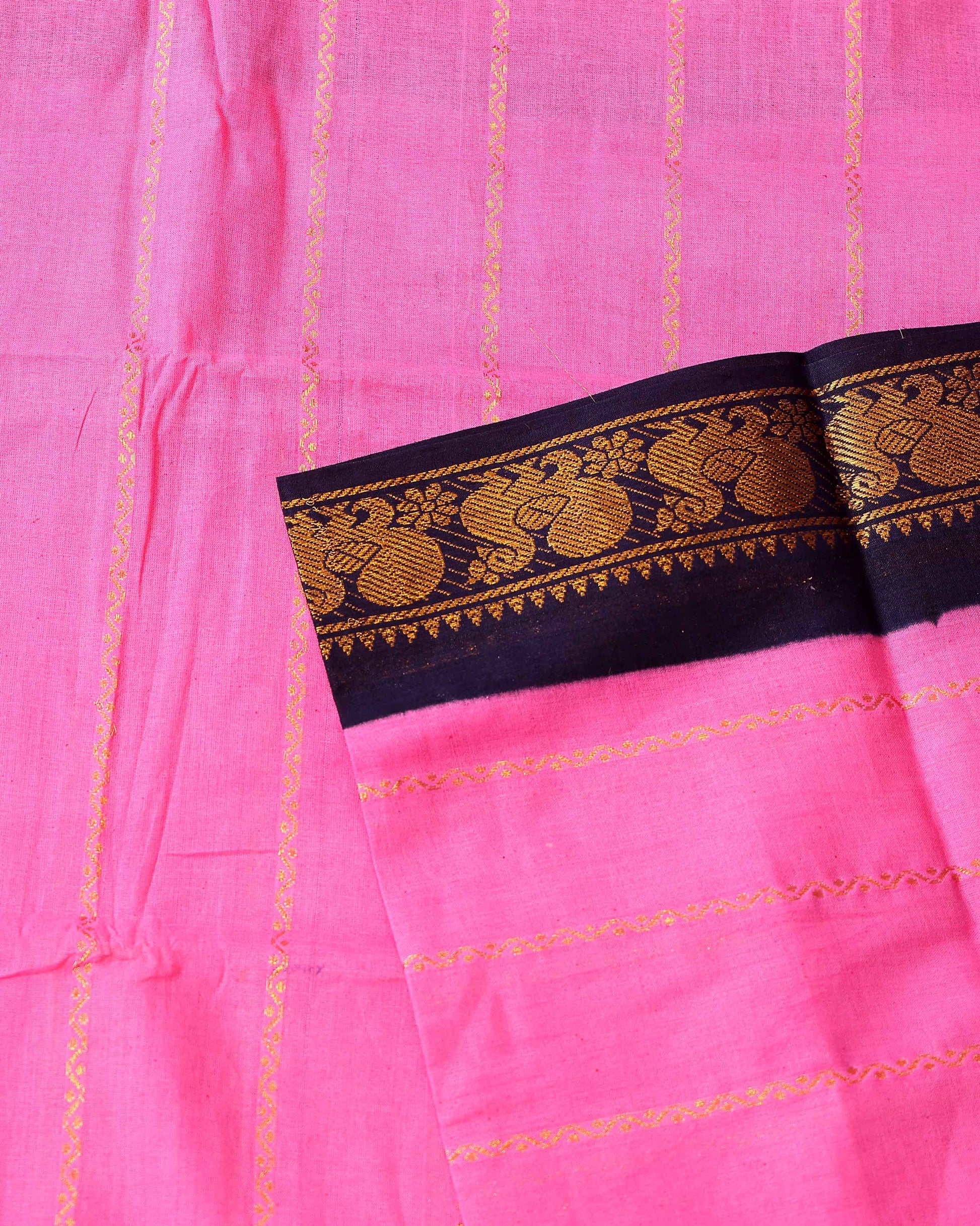 Traditional Sungudi Cotton Saree with Striped Body and Rich Zari Border - Rose Pink