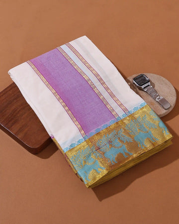 Men’s 9+5 Meter Cotton Dhoti with Zari Border Traditional Woven Pattern and Cow Motif Design - Off White