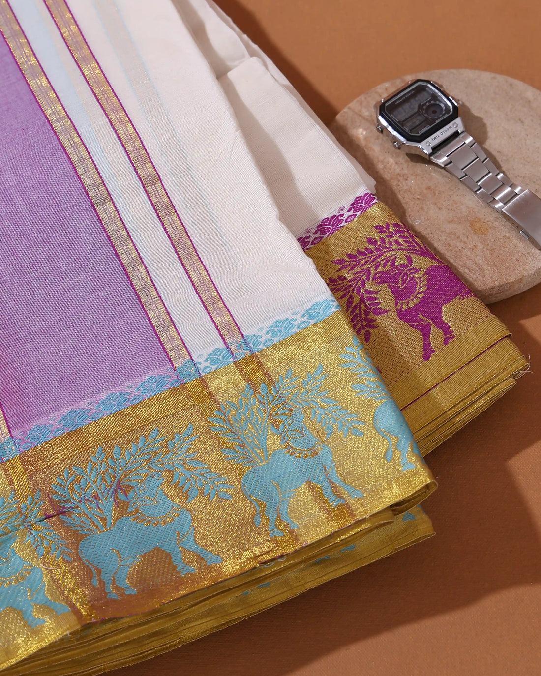Men’s 9+5 Meter Cotton Dhoti with Zari Border Traditional Woven Pattern and Cow Motif Design - Off White