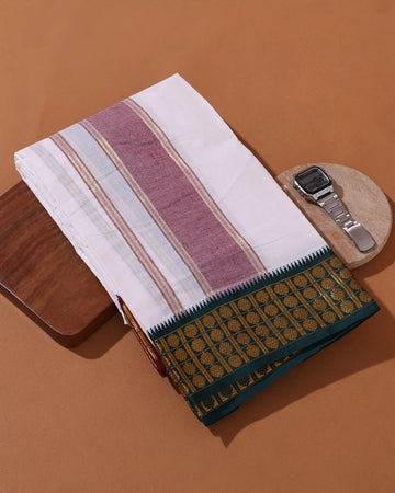 Men’s 9+5 Meter Premium Cotton Dhoti with Checked Floral Woven Border - Off White