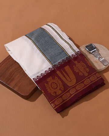 Men’s 9*5 Meter Cotton Dhoti with Traditional Woven Border and Floral Motif Design - Off White