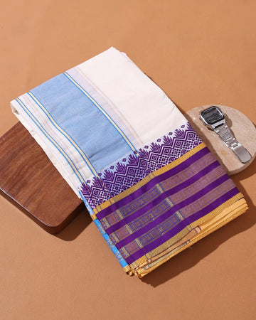 Mens 9*5 Meter Cotton Dhoti with Geometric Woven Border and Traditional Gold Zari Detailing - Off White