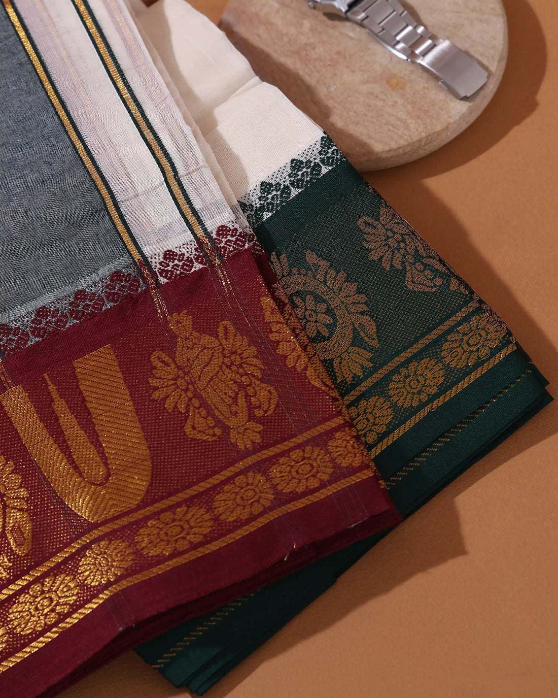 Men’s 9*5 Meter Cotton Dhoti with Traditional Woven Border and Floral Motif Design - Off White