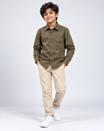 Boys’ Nativebull Casual Full Sleeve Shirt with Button Down Front Classic Collar and Chest Pocket - Olive Green