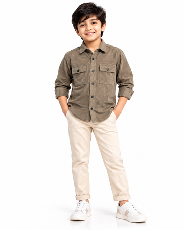 Boys Nativebull Casual Corduroy Full Sleeve Button Down Shirt with Dual Front Patch Pockets Classic Collar and Buttoned Cuffs - Light Brown