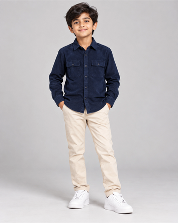 Boys Nativebull Casual Full Sleeve Button Down Shirt with Dual Front Patch Pockets Classic Collar and Buttoned Cuffs - Navy Blue