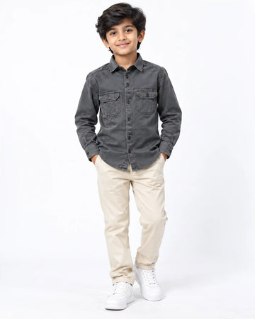 Boys Nativebull Casual Full Sleeve Button Down Shirt with Dual Front Patch Pockets Classic Collar and Buttoned Cuffs - Dark Grey