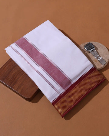 Men's 9+5 Meter Cotton Dhoti with Woven Contrast Border Intricate Geometric Border Pattern - White