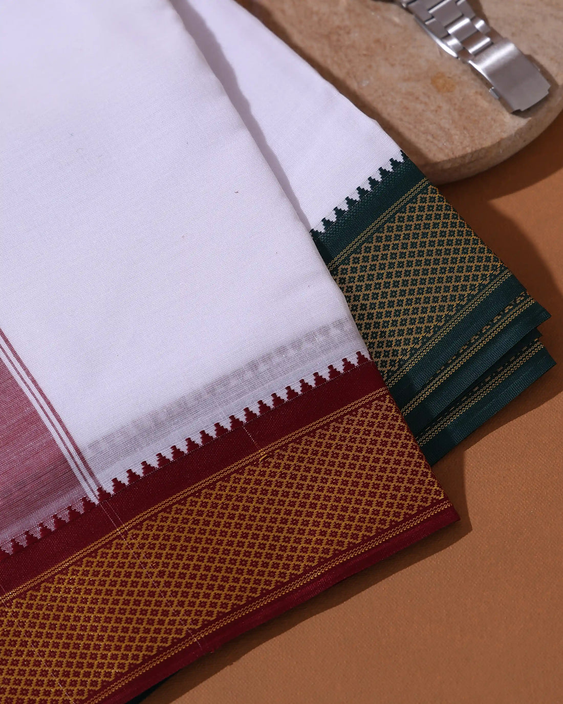 Men's 9+5 Meter Cotton Dhoti with Woven Contrast Border Intricate Geometric Border Pattern - White