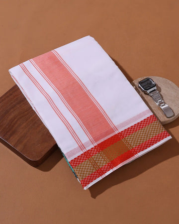 Men’s 9+5 Meter Pure Cotton Dhoti with Traditional Checked Border - White