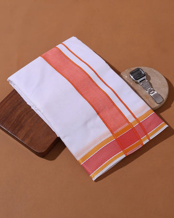 Men’s 9+5 Meter Cotton Dhoti with Traditional Orange Geometric Woven Border - White
