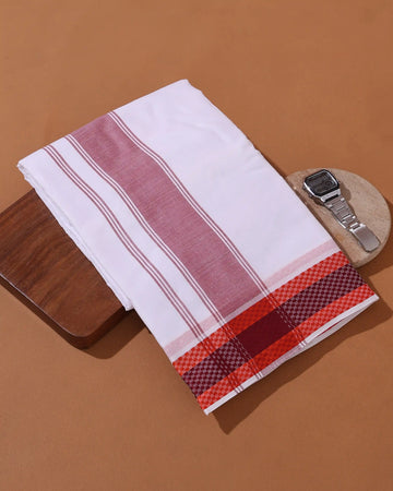 Men’s 9+5 Meter Cotton Dhoti with Traditional Woven Border and Checked Zari Style Pattern - White
