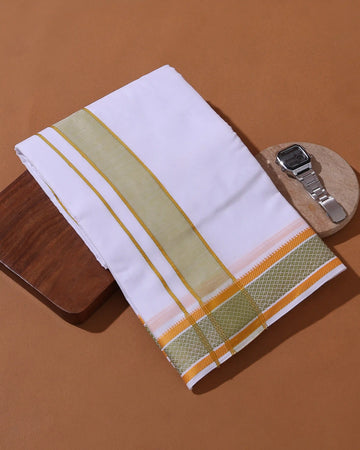 Men’s 9+5 Meter Cotton Dhoti with Traditional Green Geometric Woven Border - White