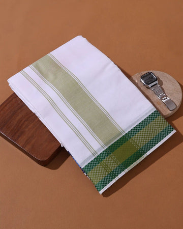 Men’s 9+5 Meter Cotton DhotI with Traditional Woven Border and Checked Pattern Design - White