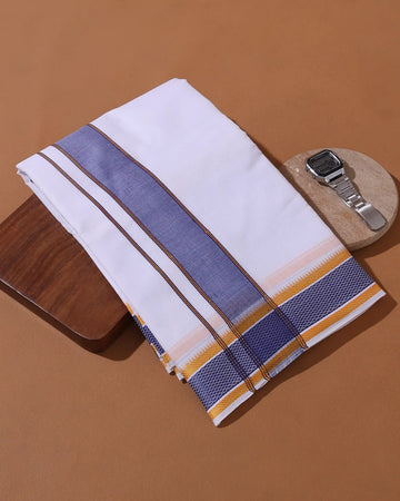Men’s 9+5 Meter Cotton Dhoti with Traditional Geometric Woven Border - White