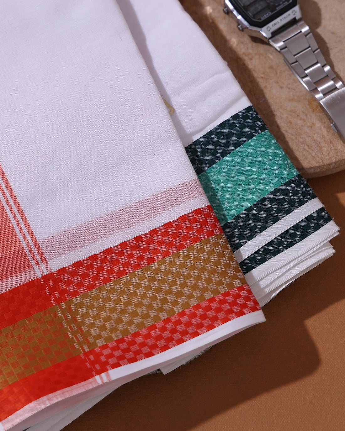 Men’s 9+5 Meter Pure Cotton Dhoti with Traditional Checked Border - White