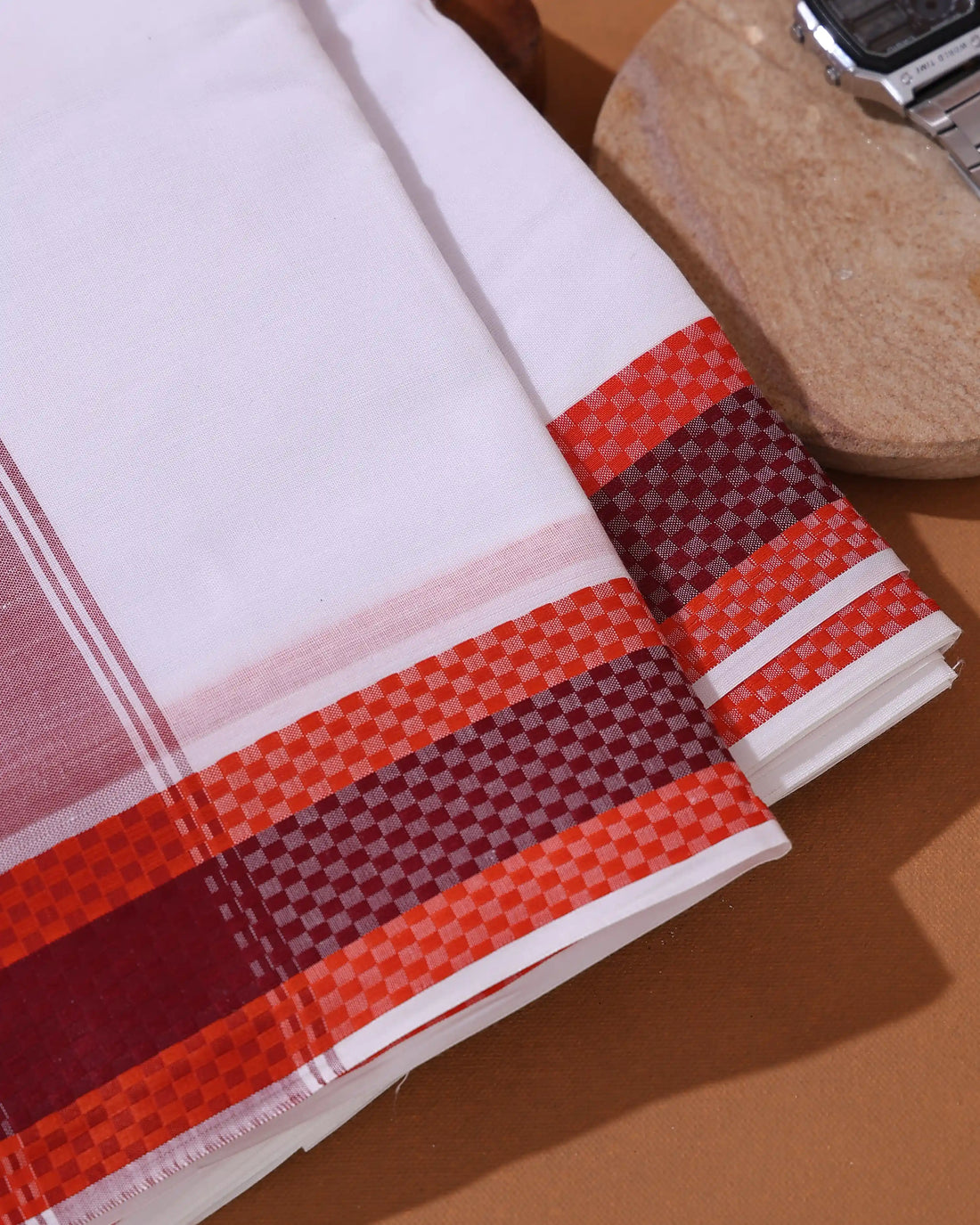 Men’s 9+5 Meter Cotton Dhoti with Traditional Woven Border and Checked Zari Style Pattern - White