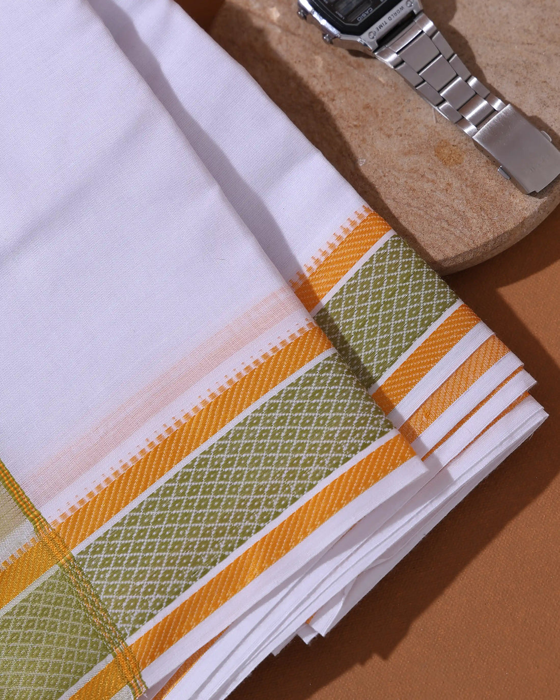 Men’s 9+5 Meter Cotton Dhoti with Traditional Green Geometric Woven Border - White