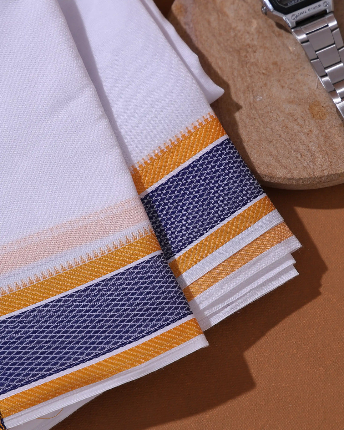 Men’s 9+5 Meter Cotton Dhoti with Traditional Geometric Woven Border - White