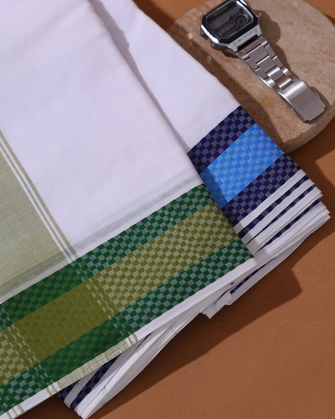 Men’s 9+5 Meter Cotton DhotI with Traditional Woven Border and Checked Pattern Design - White