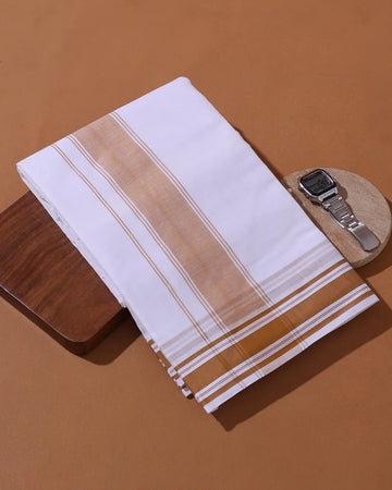 Men’s 9+5 Meter Cotton Dhoti with Traditional Brown Contrast Woven Border – White