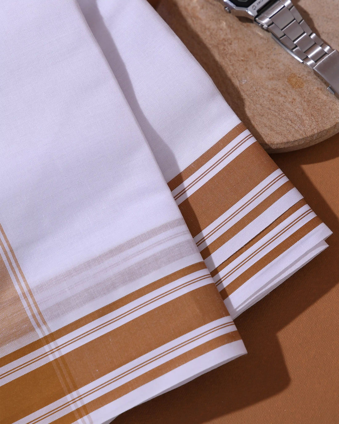 Men’s 9+5 Meter Cotton Dhoti with Traditional Brown Contrast Woven Border – White