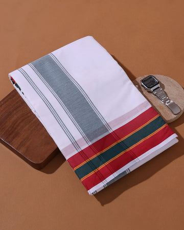 Men’s 9+5 Meter Cotton Dhoti with Traditional Multi Striped Border - White