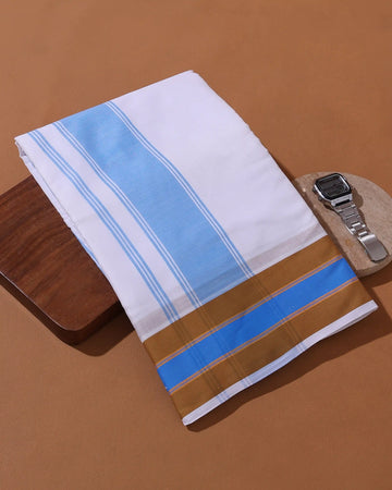 Men’s 9+5 Meter Cotton Dhoti with Traditional Multi Striped Border - White